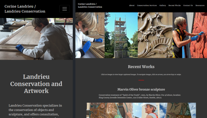 Screenshots of the Landrieu Conservation website in full width and mobile-optimized layouts. The website features photos of a female art conservator with short dark blonde hair working on indoor and outdoor objects conservation projects.
