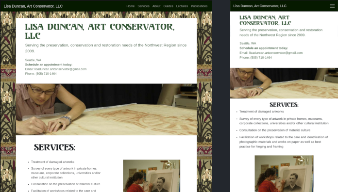 Screenshots of the Lisa Duncan, LLC website in full width and mobile-optimized layouts. The website photos show a female art conservator with curly brown hair working on paper and photograph conservation projects in a studio.