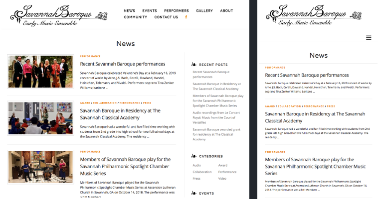Screenshots of the Savannah Baroque website in full width and mobile-optimized layouts. Several small photos show a group of men and women with classical music instruments posing outdoors, teaching in a classroom, and performing in a small church.